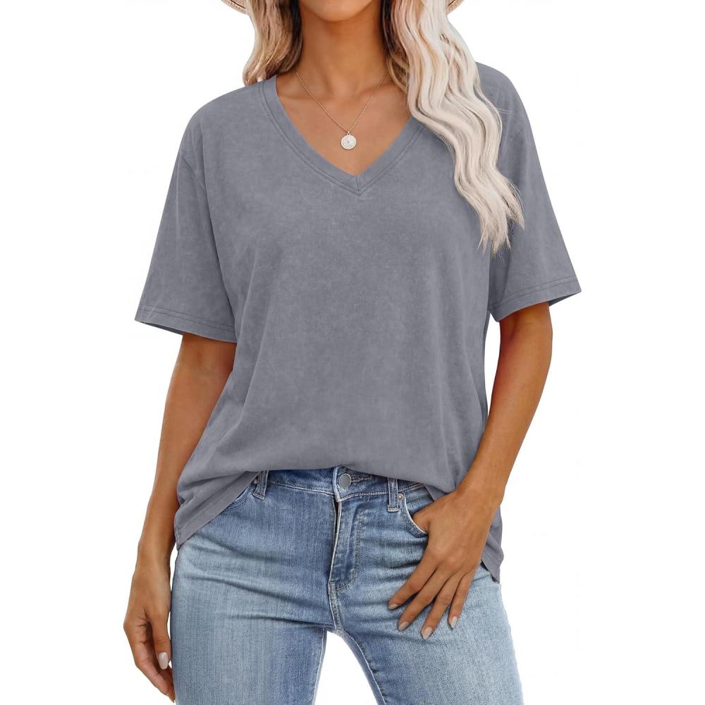 imageANRABESS Womens Oversized Acid Washed TShirt Short Sleeve Vintage Casual V Neck Tops 2026 Summer Basic Tee Trendy ClothesLight Grey