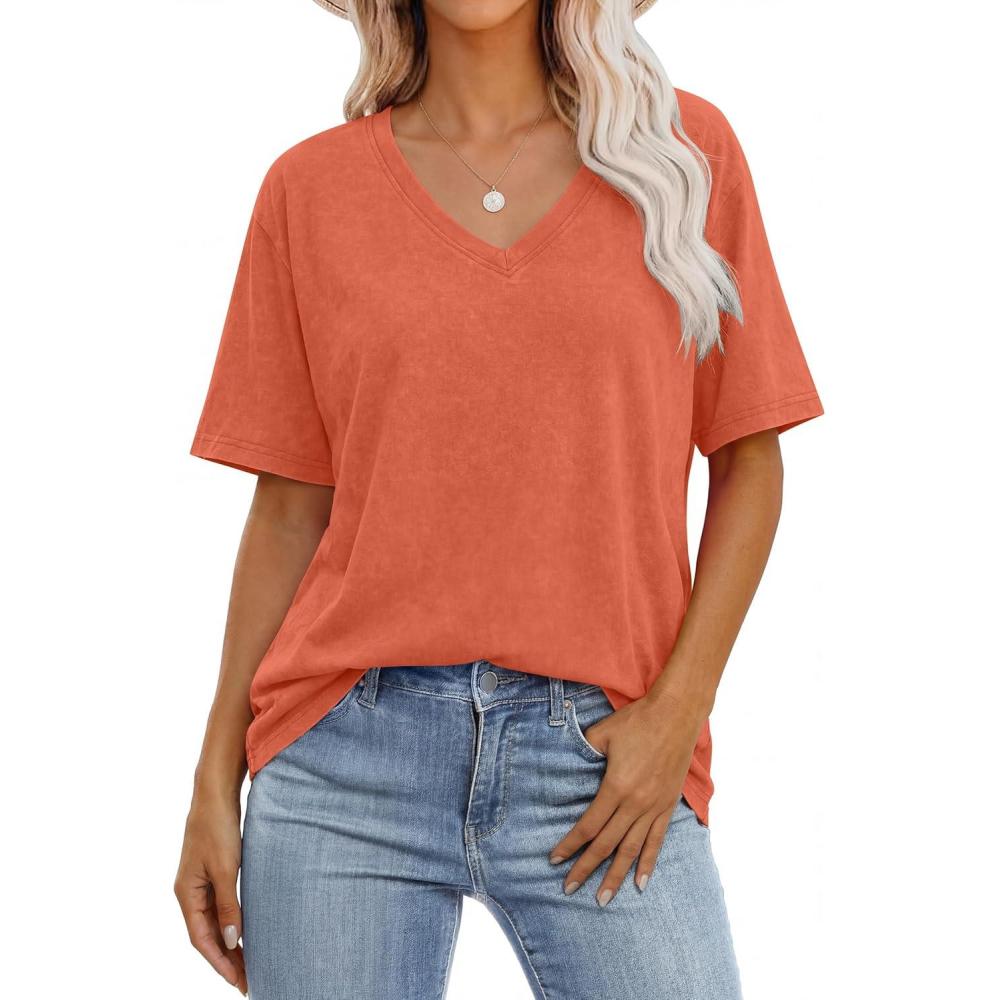 imageANRABESS Womens Oversized Acid Washed TShirt Short Sleeve Vintage Casual V Neck Tops 2026 Summer Basic Tee Trendy ClothesOrange