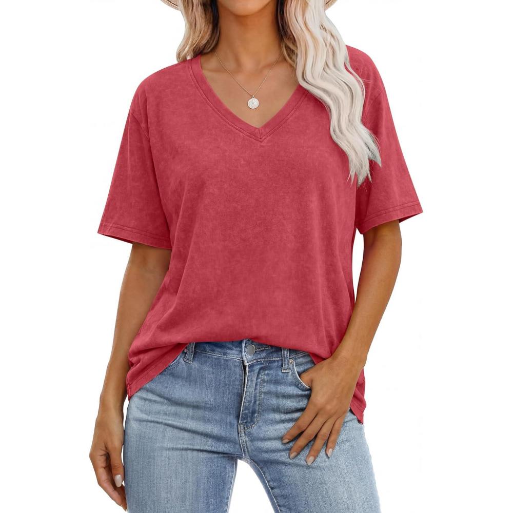 imageANRABESS Womens Oversized Acid Washed TShirt Short Sleeve Vintage Casual V Neck Tops 2026 Summer Basic Tee Trendy ClothesRed