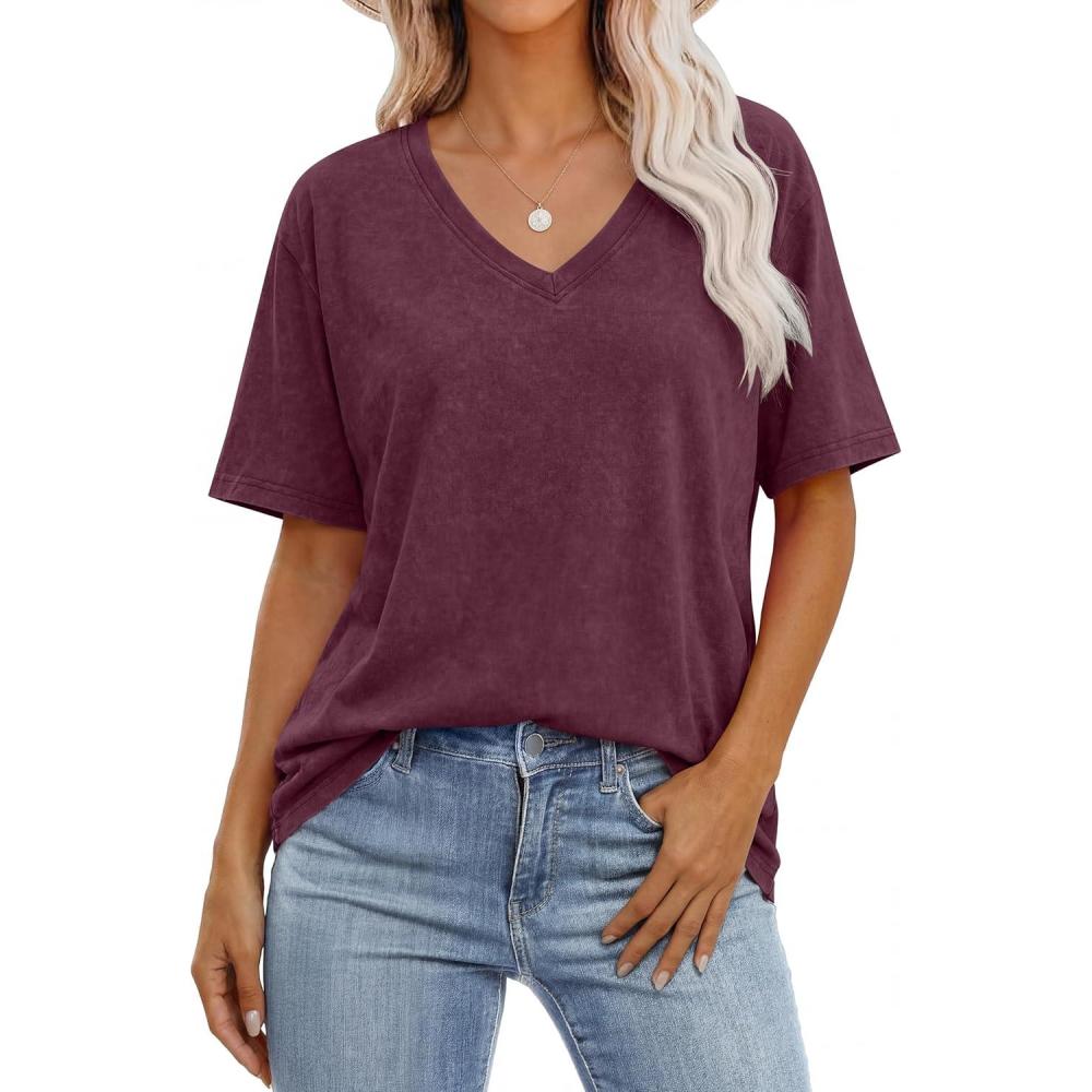 imageANRABESS Womens Oversized Acid Washed TShirt Short Sleeve Vintage Casual V Neck Tops 2026 Summer Basic Tee Trendy ClothesRed Brown