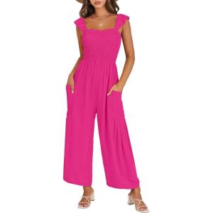 imageANRABESS Jumpsuits for Women Dressy One Piece Summer Outfits Wide Leg Sleeveless Smocked Romper Jumpers Casual Beach OverallsHot Pink