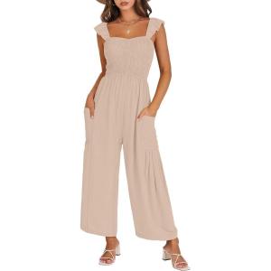 imageANRABESS Jumpsuits for Women Dressy One Piece Summer Outfits Wide Leg Sleeveless Smocked Romper Jumpers Casual Beach OverallsParchment