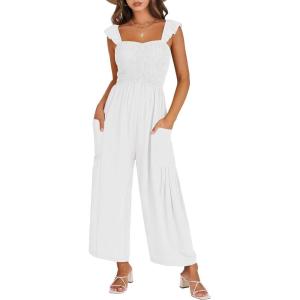 imageANRABESS Jumpsuits for Women Dressy One Piece Summer Outfits Wide Leg Sleeveless Smocked Romper Jumpers Casual Beach OverallsWhite