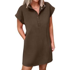 imageANRABESS Women Summer Shirt Dress Casual Short Sleeve Henley Neck Mini Shift Tunic Dresses 2026 Beach Vacation Cruise ClothesBrown