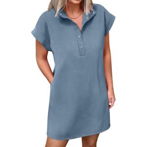 imageANRABESS Women Summer Shirt Dress Casual Short Sleeve Henley Neck Mini Shift Tunic Dresses 2026 Beach Vacation Cruise ClothesGrey Blue
