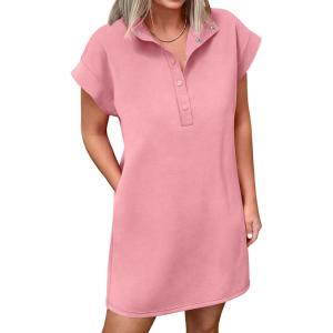 imageANRABESS Women Summer Shirt Dress Casual Short Sleeve Henley Neck Mini Shift Tunic Dresses 2026 Beach Vacation Cruise ClothesPink