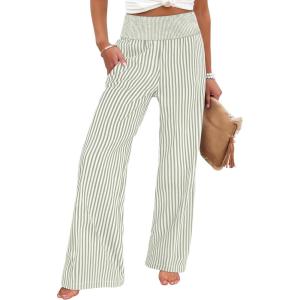 imageANRABESS Womens Palazzo Pants Striped amp Gingham Lounge amp Casual Cute Pajama Pants Wide Leg High Waisted PocketsArmy Green White Stripe
