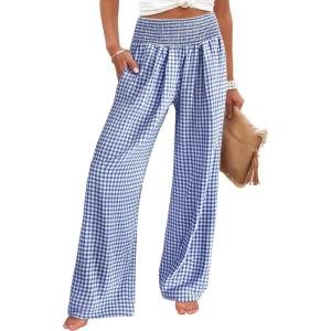 imageANRABESS Womens Palazzo Pants Striped amp Gingham Lounge amp Casual Cute Pajama Pants Wide Leg High Waisted PocketsBlue White Plaid