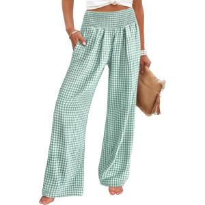 imageANRABESS Womens Palazzo Pants Striped amp Gingham Lounge amp Casual Cute Pajama Pants Wide Leg High Waisted PocketsGreen White Plaid