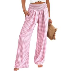 imageANRABESS Womens Palazzo Pants Striped amp Gingham Lounge amp Casual Cute Pajama Pants Wide Leg High Waisted PocketsPink White Plaid