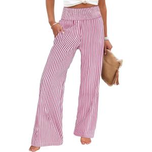 imageANRABESS Womens Palazzo Pants Striped amp Gingham Lounge amp Casual Cute Pajama Pants Wide Leg High Waisted PocketsRed White Stripe