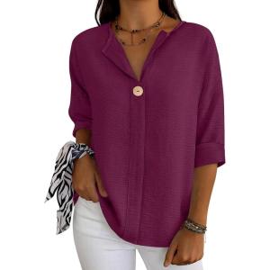 imageANRABESS Womens Tops 34 Sleeve Dressy Casual V Neck Henley Tee Shirts 2026 Summer Business Work Blouses Fashion ClothesPurple Red