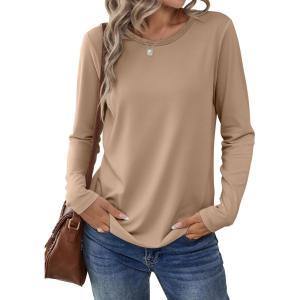 imageANRABESS Long Sleeve Shirts for Women Casual Crewneck Basic Tee Tshirts Loose Fit Curved Hem Tunic Top 2026 Fall OutfitsLight Brown