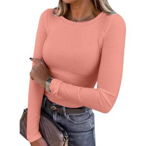 imageANRABESS Women Long Sleeve Shirts Rib Knit Slim Fit Tops Basic Tee Spring Outfits Casual TShirt Underscrubs Layer ClothesCoral