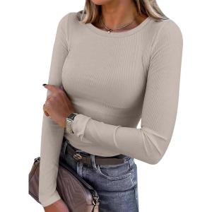 imageANRABESS Women Long Sleeve Shirts Rib Knit Slim Fit Tops Basic Tee Spring Outfits Casual TShirt Underscrubs Layer ClothesDark Khaki