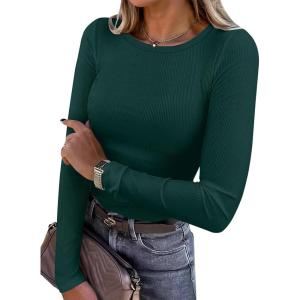 imageANRABESS Women Long Sleeve Shirts Rib Knit Slim Fit Tops Basic Tee Spring Outfits Casual TShirt Underscrubs Layer ClothesForest Green