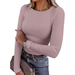 imageANRABESS Women Long Sleeve Shirts Rib Knit Slim Fit Tops Basic Tee Spring Outfits Casual TShirt Underscrubs Layer ClothesGrey Pink