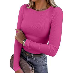 imageANRABESS Women Long Sleeve Shirts Rib Knit Slim Fit Tops Basic Tee Spring Outfits Casual TShirt Underscrubs Layer ClothesHot Pink