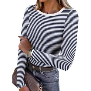 imageANRABESS Women Long Sleeve Shirts Rib Knit Slim Fit Tops Basic Tee Spring Outfits Casual TShirt Underscrubs Layer ClothesNavy Blue White