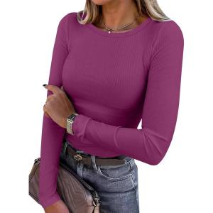 imageANRABESS Women Long Sleeve Shirts Rib Knit Slim Fit Tops Basic Tee Spring Outfits Casual TShirt Underscrubs Layer ClothesRose Purple