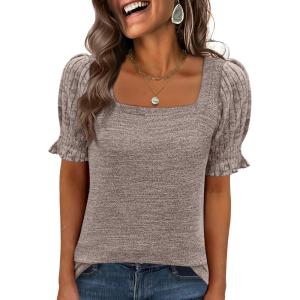 imageANRABESS Womens Tops Summer Sweaters Dressy Casual Work Blouses Square Neck Ruffle Short Sleeve Tee Shirts 2026 Fashion TunicBrown