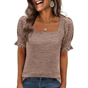 imageANRABESS Womens Tops Summer Sweaters Dressy Casual Work Blouses Square Neck Ruffle Short Sleeve Tee Shirts 2026 Fashion TunicBurnt Tan