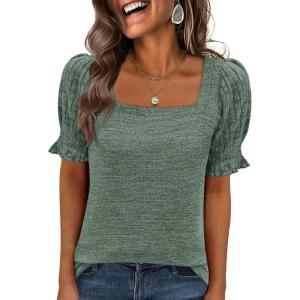 imageANRABESS Womens Tops Summer Sweaters Dressy Casual Work Blouses Square Neck Ruffle Short Sleeve Tee Shirts 2026 Fashion TunicDeep Green