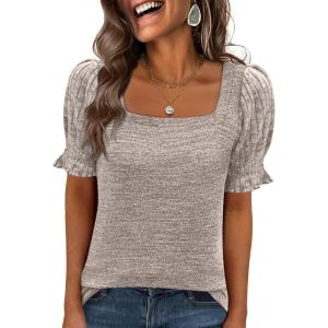 imageANRABESS Womens Tops Summer Sweaters Dressy Casual Work Blouses Square Neck Ruffle Short Sleeve Tee Shirts 2026 Fashion TunicKhaki