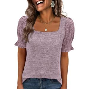 imageANRABESS Womens Tops Summer Sweaters Dressy Casual Work Blouses Square Neck Ruffle Short Sleeve Tee Shirts 2026 Fashion TunicPink