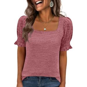 imageANRABESS Womens Tops Summer Sweaters Dressy Casual Work Blouses Square Neck Ruffle Short Sleeve Tee Shirts 2026 Fashion TunicRed