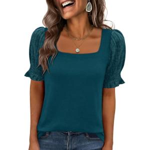 imageANRABESS Womens Tops Summer Sweaters Dressy Casual Work Blouses Square Neck Ruffle Short Sleeve Tee Shirts 2026 Fashion TunicTeal