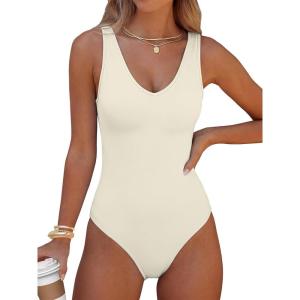 imageANRABESS Womens V Neck Bodysuits Summer Sleeveless Going Out Basic Tank Body Suits Tops 2026 Trendy Vacation OutfitsBeige