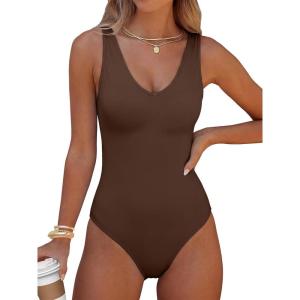 imageANRABESS Womens V Neck Bodysuits Summer Sleeveless Going Out Basic Tank Body Suits Tops 2026 Trendy Vacation OutfitsBrown