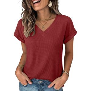 imageANRABESS Womens Waffle Knit Tops 2026 Summer Casual Short Sleeve V Neck T Shirts Basic Work Tee Spring Vacation BlousesBirck Red