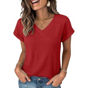 imageANRABESS Womens Waffle Knit Tops 2026 Summer Casual Short Sleeve V Neck T Shirts Basic Work Tee Spring Vacation BlousesBright Red