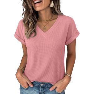 imageANRABESS Womens Waffle Knit Tops 2026 Summer Casual Short Sleeve V Neck T Shirts Basic Work Tee Spring Vacation BlousesPink