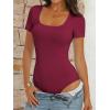 imageANRABESS Bodysuits for Women Short Sleeve Scoop Neck Tops 2026 Summer Slim Fit Ribbed Knit Sexy Basic Shirt Fashion OutfitsDeep Red
