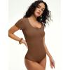 imageANRABESS Womens BodysuitsShort Sleeve Scoop Neck Top Fitted Ribbed Knit Soft Going Out Henley ShirtsTravel Work Body SuitBrown