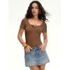imageANRABESS Womens BodysuitsShort Sleeve Scoop Neck Top Fitted Ribbed Knit Soft Going Out Henley ShirtsTravel Work Body SuitBrown