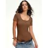 imageANRABESS Womens BodysuitsShort Sleeve Scoop Neck Top Fitted Ribbed Knit Soft Going Out Henley ShirtsTravel Work Body SuitBrown