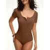 imageANRABESS Womens BodysuitsShort Sleeve Scoop Neck Top Fitted Ribbed Knit Soft Going Out Henley ShirtsTravel Work Body SuitBrown