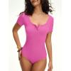 imageANRABESS Womens BodysuitsShort Sleeve Scoop Neck Top Fitted Ribbed Knit Soft Going Out Henley ShirtsTravel Work Body SuitHot Pink