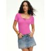 imageANRABESS Womens BodysuitsShort Sleeve Scoop Neck Top Fitted Ribbed Knit Soft Going Out Henley ShirtsTravel Work Body SuitHot Pink
