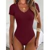 imageANRABESS Womens V Neck Bodysuits Short Sleeve Slim Fit Going Out Body Suit Tops 2026 Summer Outfits for Daily Work TravelWine Red