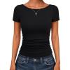 imageANRABESS Womens Cap Sleeve Boat Neck Ruched Crop Top Soft Ribbed Slim Fitted Tee Going Out Casual Shirt for SummerBlack