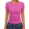 imageANRABESS Womens Cap Sleeve Boat Neck Ruched Crop Top Soft Ribbed Slim Fitted Tee Going Out Casual Shirt for SummerHot Pink