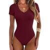 imageANRABESS Womens V Neck Bodysuits Short Sleeve Slim Fit Going Out Body Suit Tops 2026 Summer Outfits for Daily Work TravelWine Red
