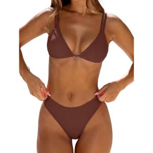 imageANRABESS Bikini Swimsuit Sets for Women Double Shoulder Straps Top Triangle Floral Two Piece Bathing Suit Beach SwimwearBrown