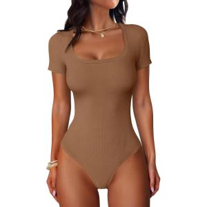 imageANRABESS Bodysuits for Women Short Sleeve Scoop Neck Tops 2026 Summer Slim Fit Ribbed Knit Sexy Basic Shirt Fashion OutfitsBronze
