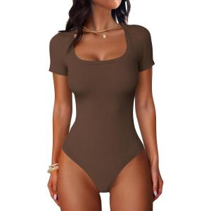 imageANRABESS Bodysuits for Women Short Sleeve Scoop Neck Tops 2026 Summer Slim Fit Ribbed Knit Sexy Basic Shirt Fashion OutfitsCoffee
